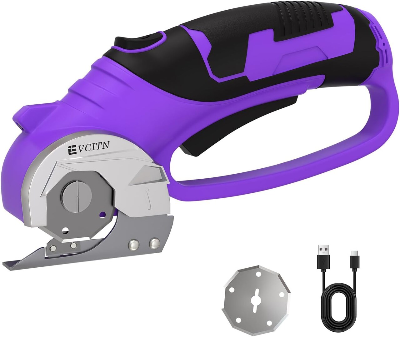 Cordless Electric Scissors, Cardboard Cutter with Replacement Self-Sharpening Cutter Blade and Safety Lock, Rotary Cutter with LED Light for Fabric, Carpet, Leather or Plastic, Purple